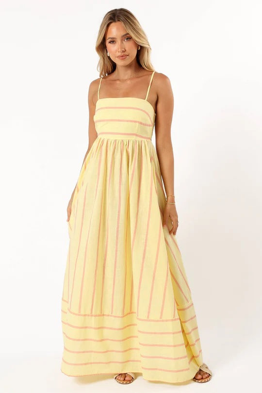 Striped Color Block Backless Spaghetti Dress