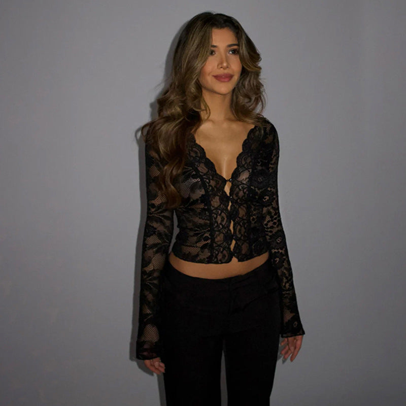 V-Neck Lace Long Sleeve Top for Women