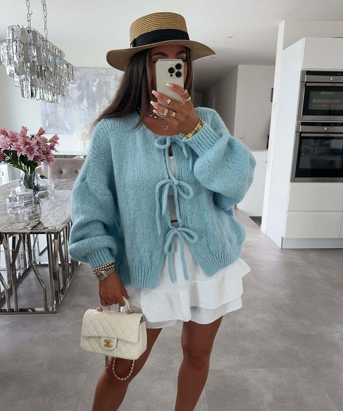 Crew Neck Lace-Up Knitted Cardigan Jacket Autumn And Winter New Solid Color Commuting Simple Sweater Women