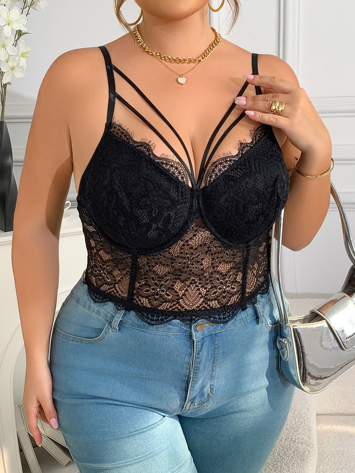 Plus Size Lace Bodice Camisole Black Sexy Top