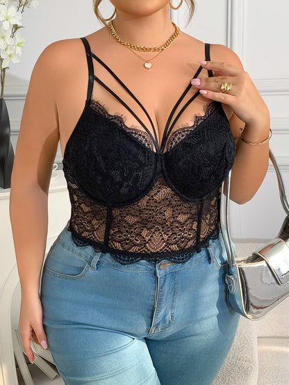 Plus Size Lace Bodice Camisole Black Sexy Top