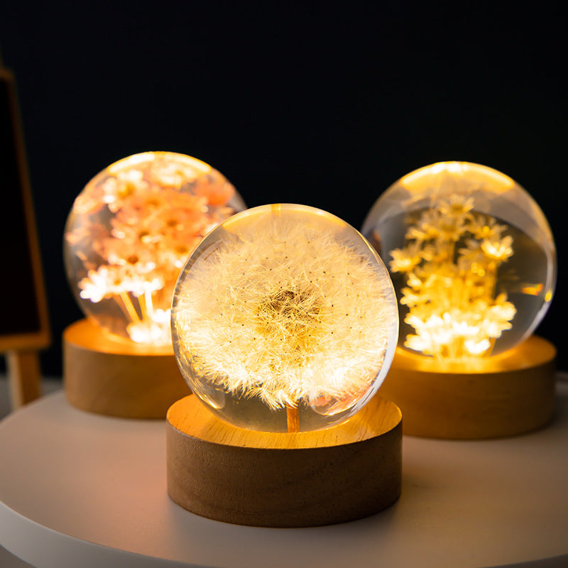 Dandelion Glowing Night Light Crystal Ball Eternal Flower Gift Wooden Birthday Gift For Girl