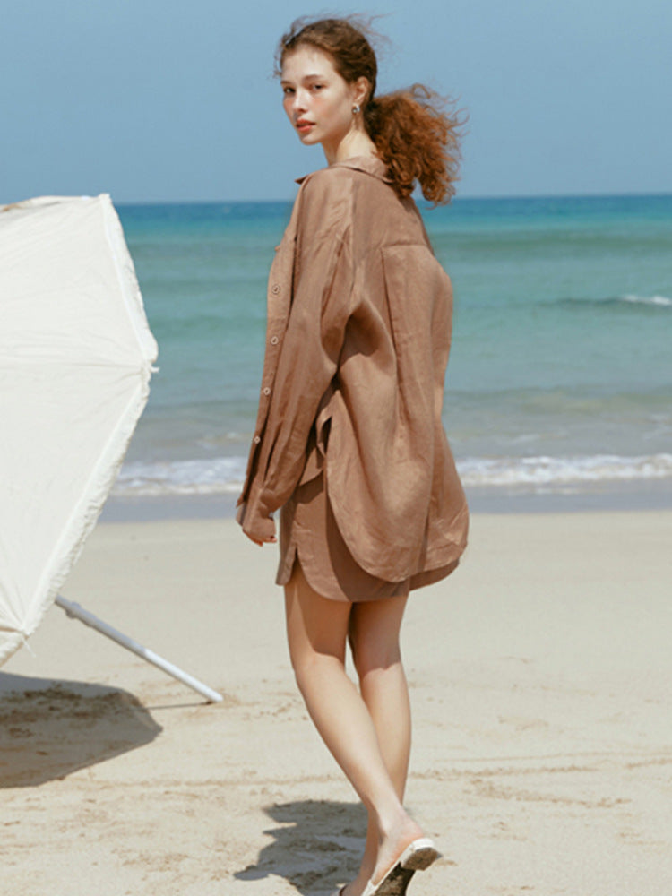 Relaxed Fit Long Sleeve Linen Shirt for Women