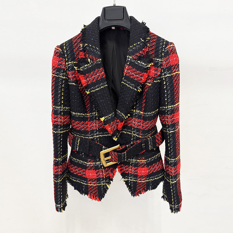 Trendy Checkered Tweed Blazer With Waist Tie