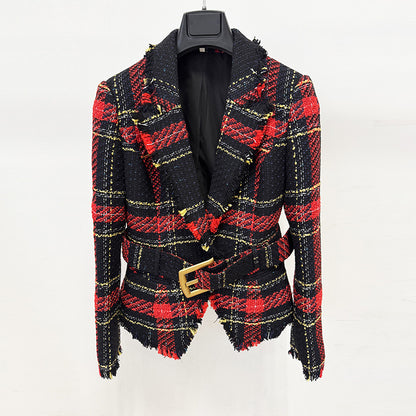 Trendy Checkered Tweed Blazer With Waist Tie