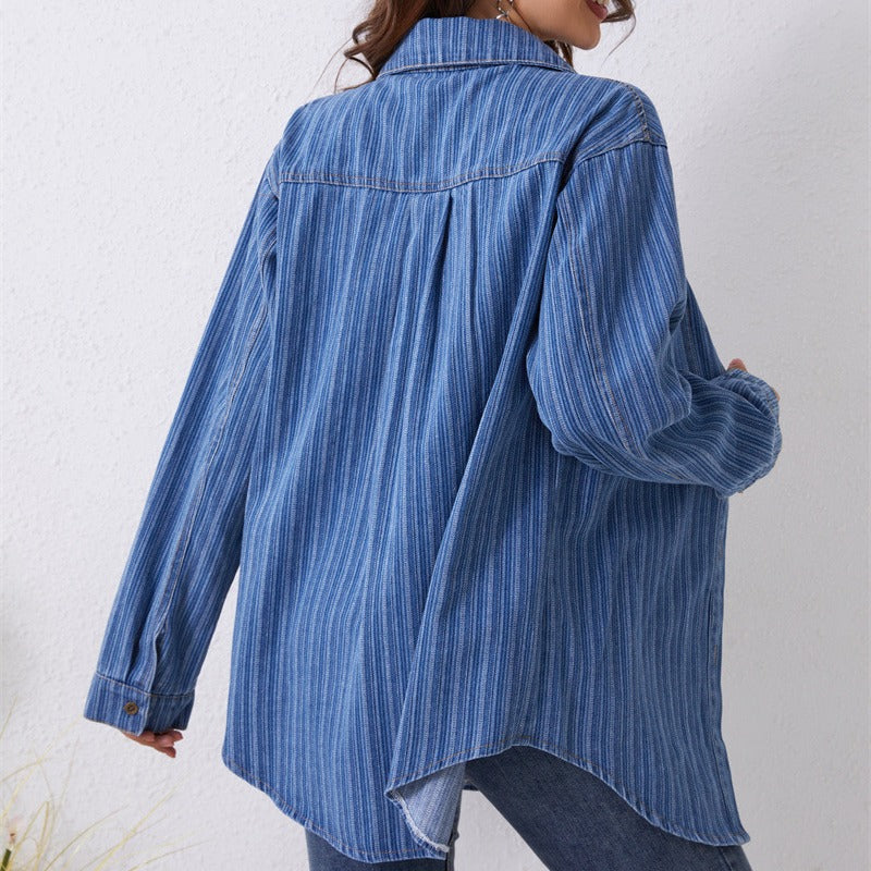 Trendy Casual Women's Denim Shirt with Pockets