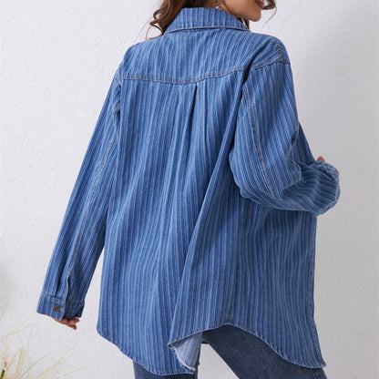 Trendy Casual Women's Denim Shirt with Pockets
