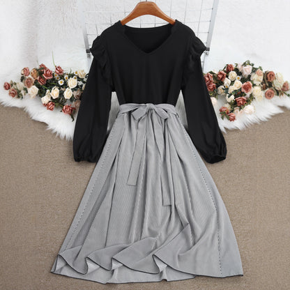 Striped A-Line Dress with Long Sleeves and Tie Waist