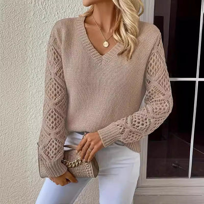 Spring And Autumn Knitted Sweater, Women'S Clothing Temperament V-Neck Hollow Long-Sleeved Solid Color Casual Top