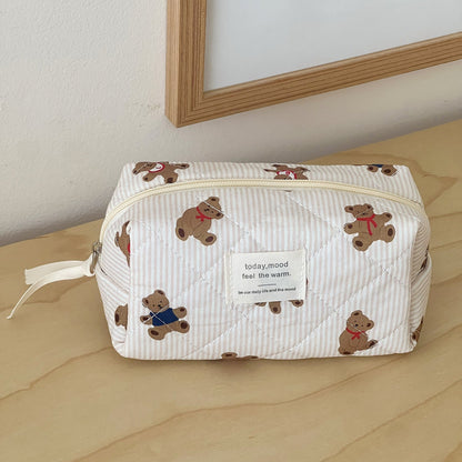 Cute Pink Striped Bear Makeup Bag Portable Cartoon Toiletry Pouch