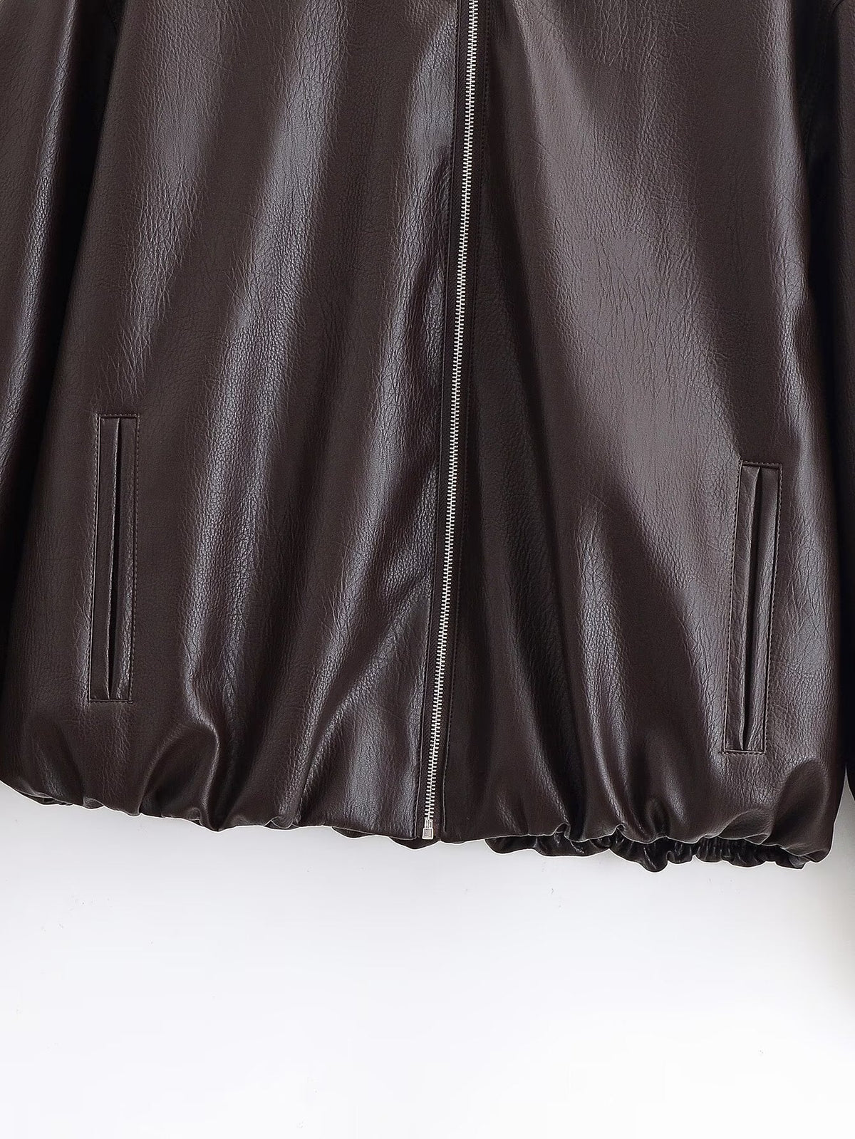 Simple Zipper Lapel Oversize Leather Jacket