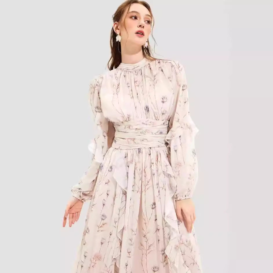 Elegant Chiffon Ruffled Long Sleeve Evening Dress