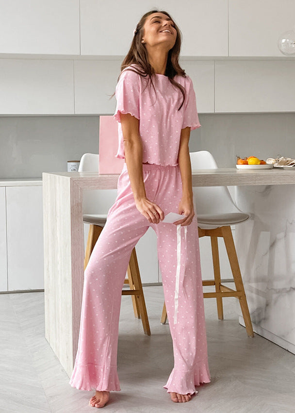 Polka Dot Cotton Lounge Set with Ruffle Hem