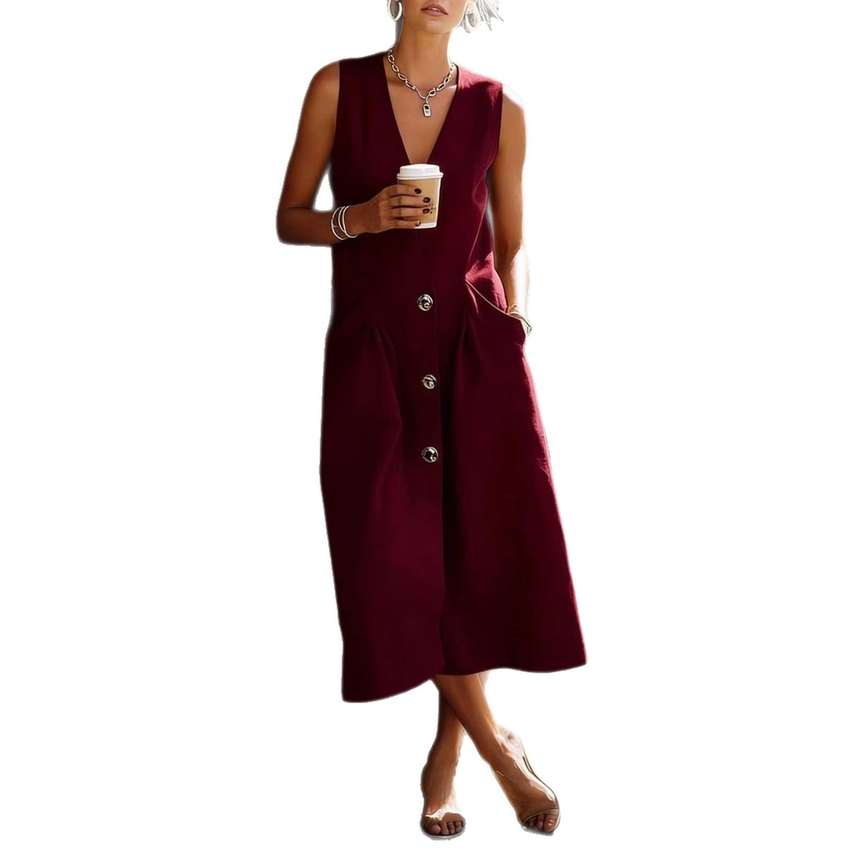 Sleeveless V-Neck Button-Front Midi Dress