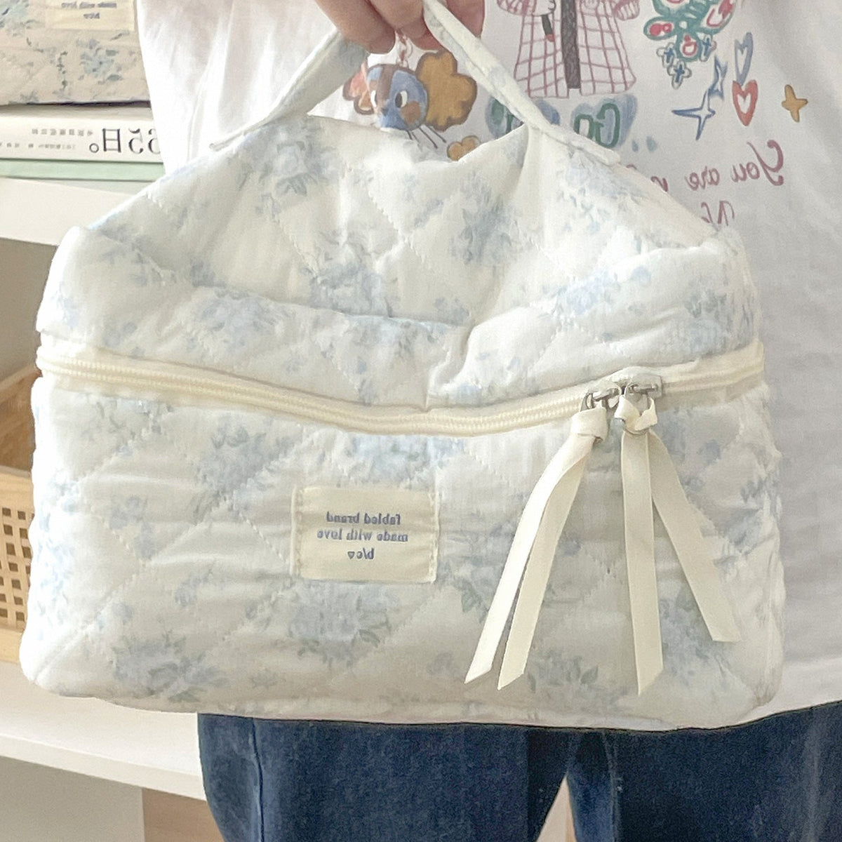 Floral Pattern Makeup Bag Soft Cotton Quilted Big Capacity Portable Toiletry Organizer