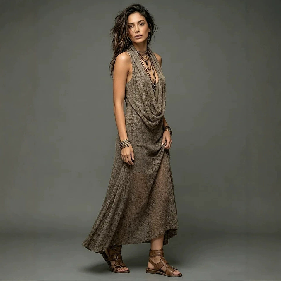Sheer Mesh Cowl Halter Sleeveless Boho Maxi Dress