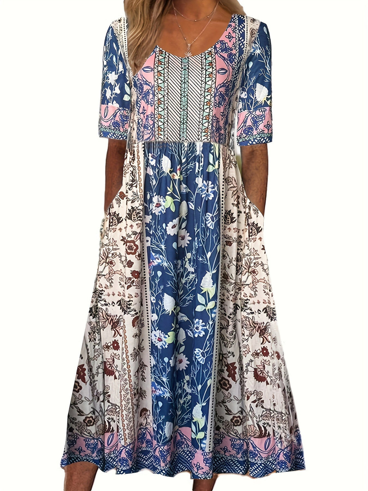 Summer New Women'S Round Neck Short Sleeve Long Skirt Bohemian Print Dress