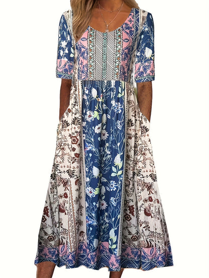 Summer New Women'S Round Neck Short Sleeve Long Skirt Bohemian Print Dress