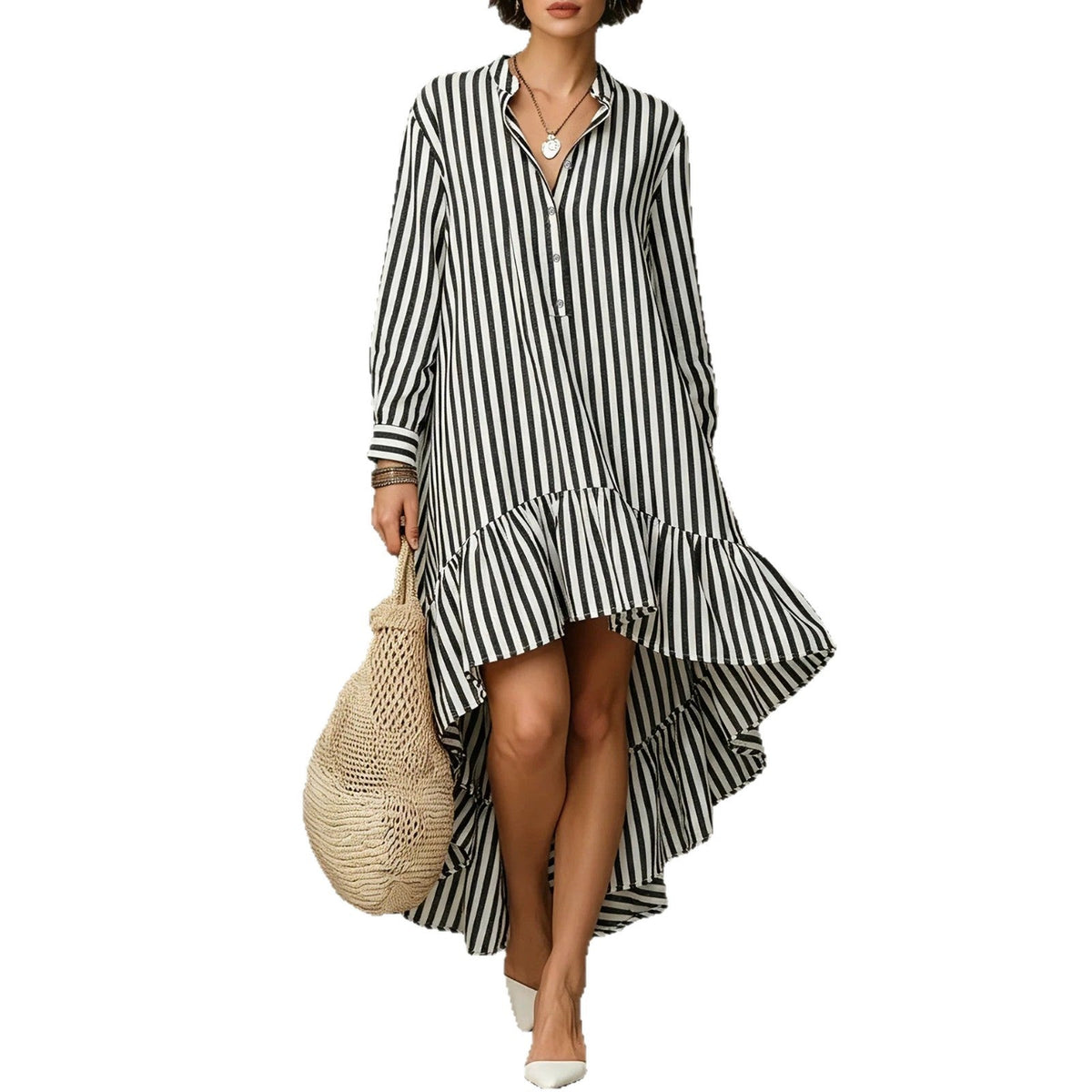 Vertical Stripe Long Sleeve Hi-Lo Ruffle Hem Shirt Midi Dress