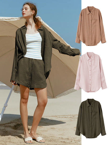 Relaxed Fit Long Sleeve Linen Shirt for Women