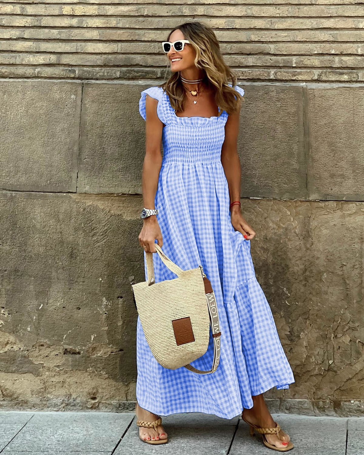 Summer Women'S Collage Plaid Suspenders Casual Swing Dress Women