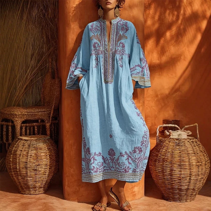 Embroidered Linen-Blend Kaftan Maxi Dress