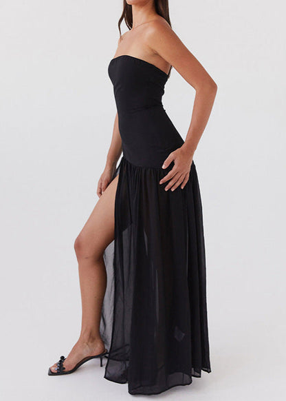 Strapless Black Maxi Dress with Sheer Skirt