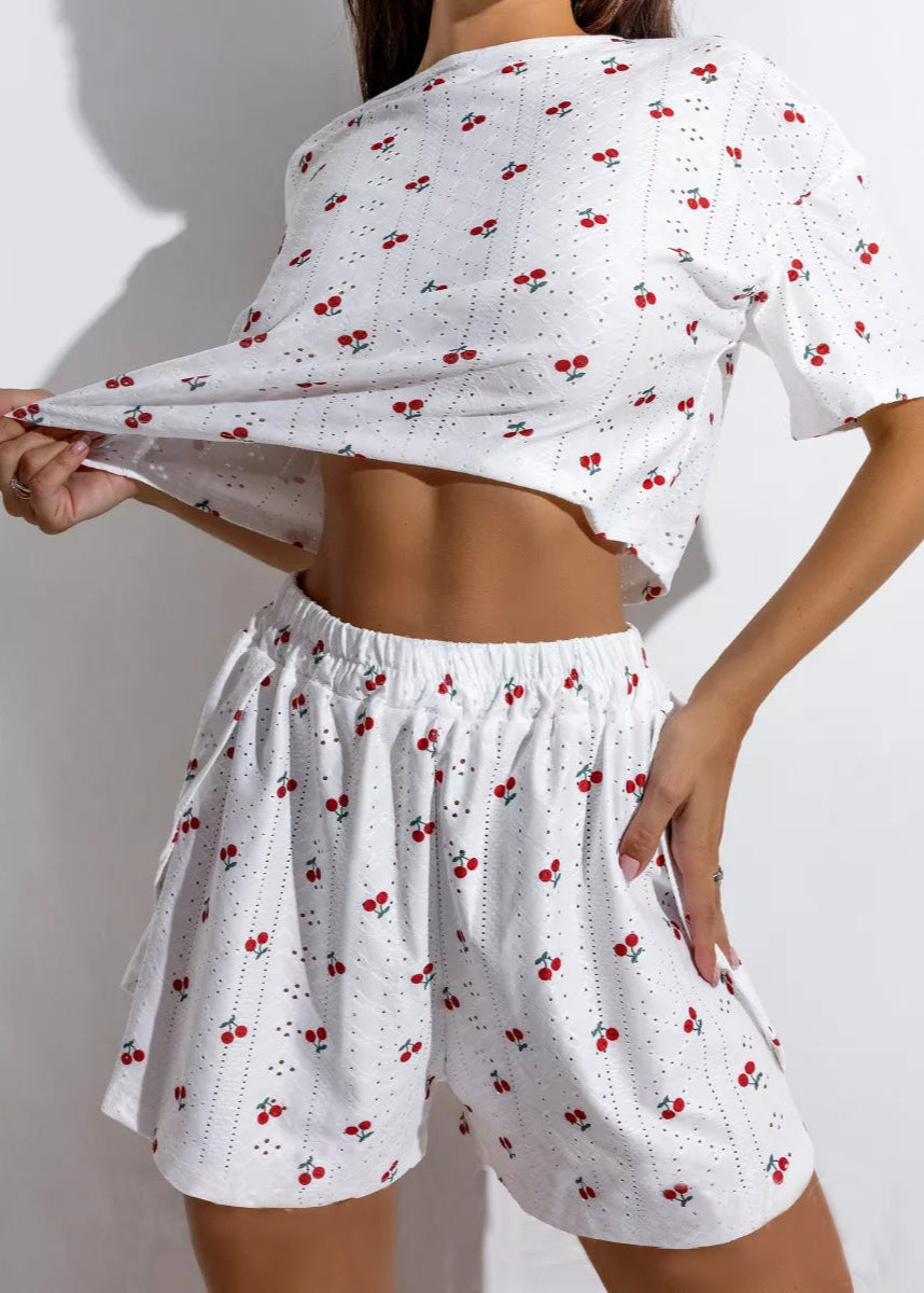 Eyelet Crop Top And Flowy Shorts Set White