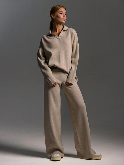 Knitted Sweater Set with Polo Neck and Wide Leg Pants for Casual Style