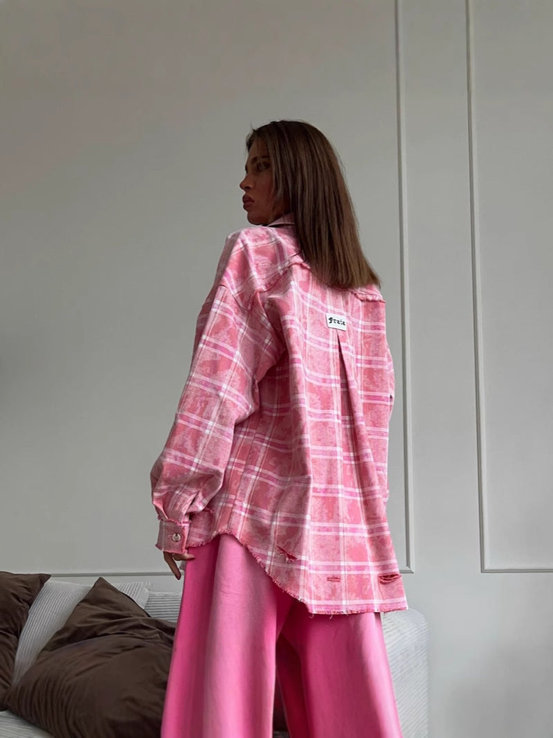 Retro Checkered Pink Shirt Loose-Fit Casual Top
