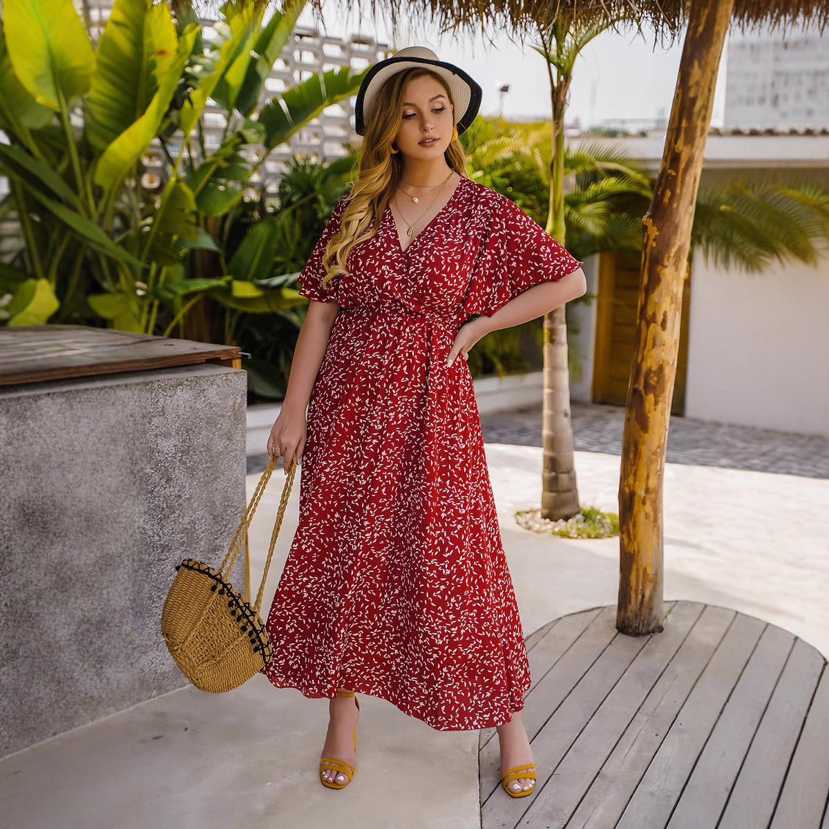 Summer V-Neck High-Waist Maxi Dress For Plus Size