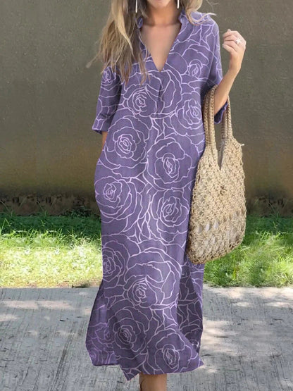 New Casual Summer Loose Skirt Slit V-Neck Print Imitation Hemp Dress Cotton