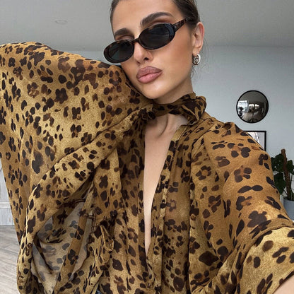 Animal Print Mesh Collar Long Sleeve Blouse