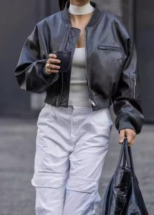 Cropped Faux Leather Bomber Jacket Black