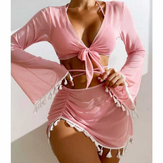 New Conservative Four Piece Set Solid Color Tassel Top, Mesh Short Skirt, Bikini For Women