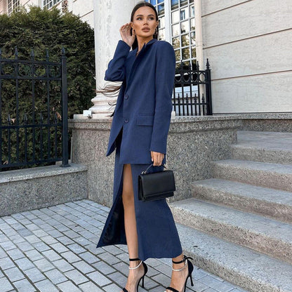 Chic Striped Suit Set Women Long Sleeve Blazer & High Waist Split Skirt