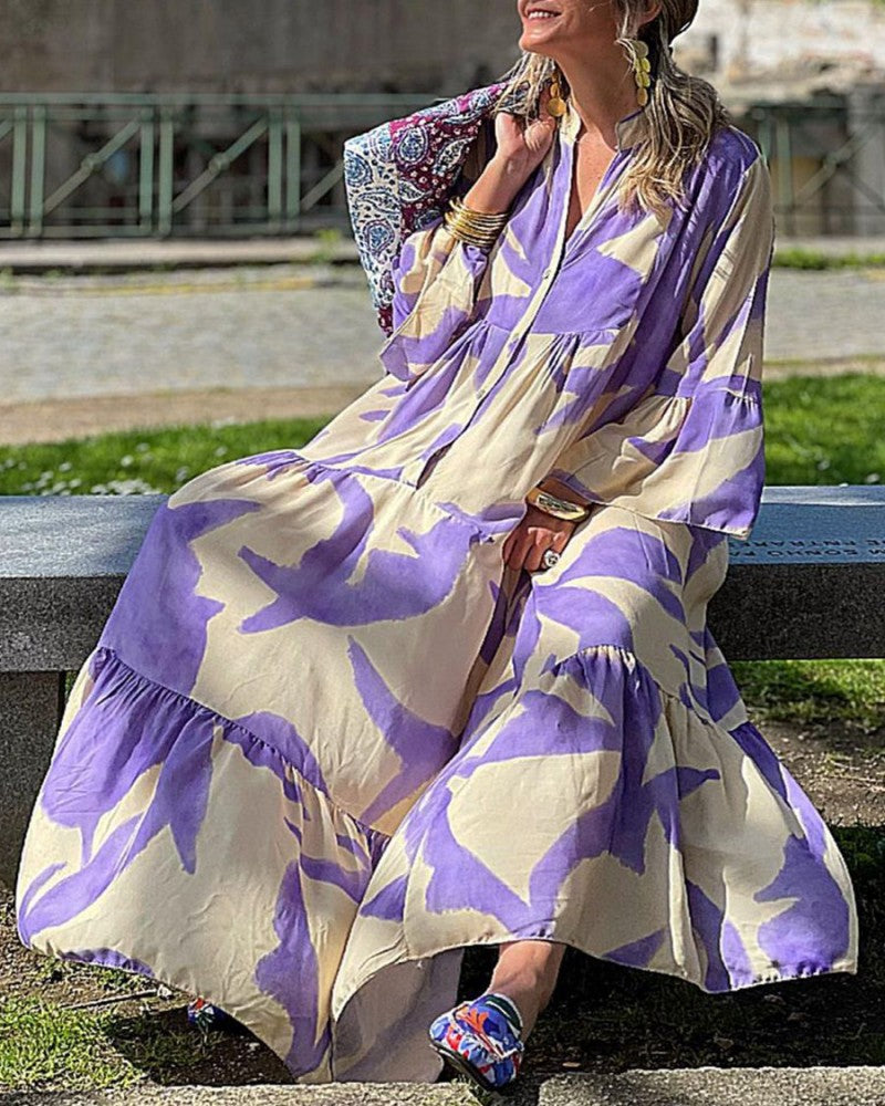 Autumn And Winter New V-Neck Flare Sleeve Large Print Dress Large Swing Loose Long Dress