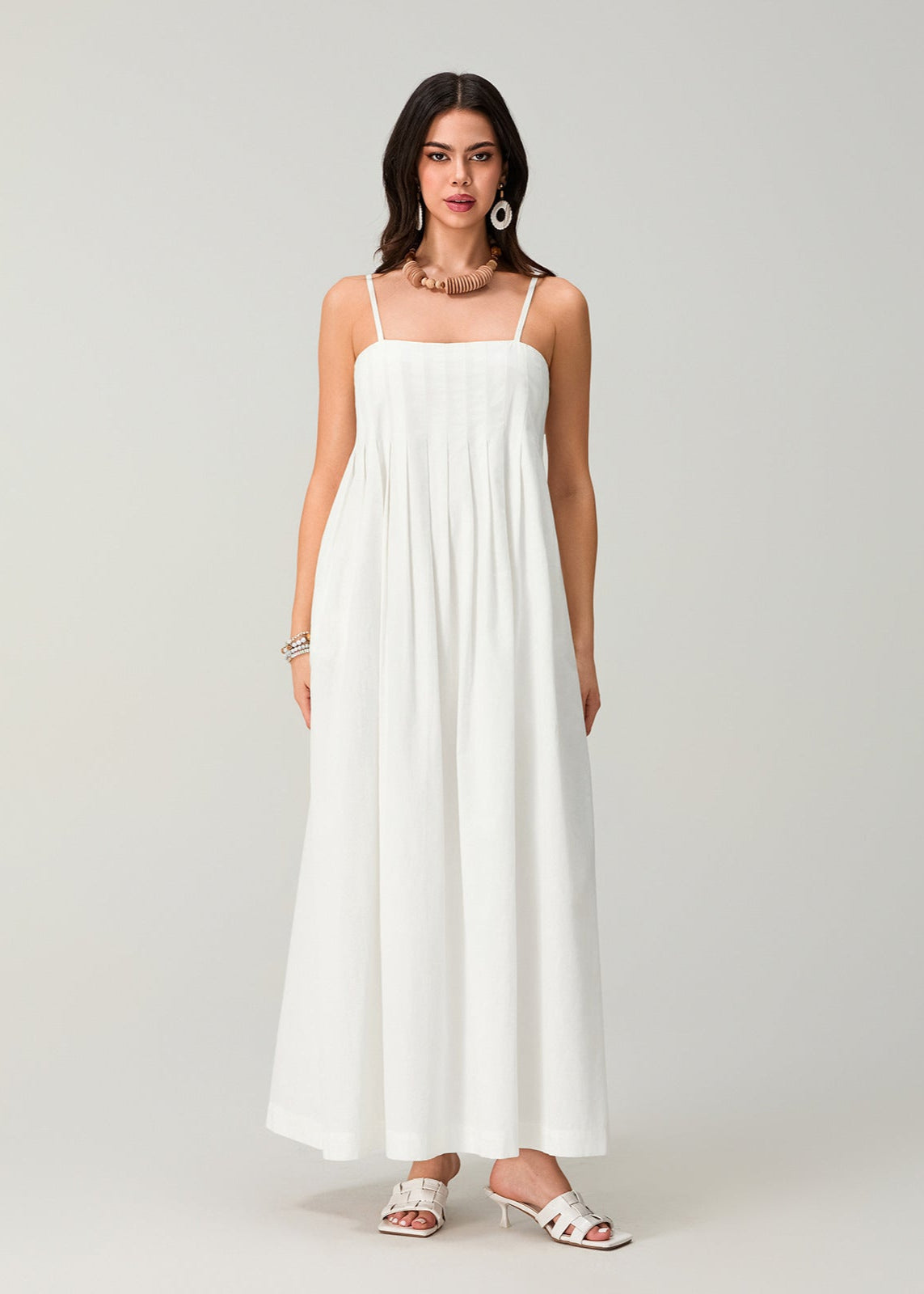 White Linen Cotton Pleated Maxi Sundress