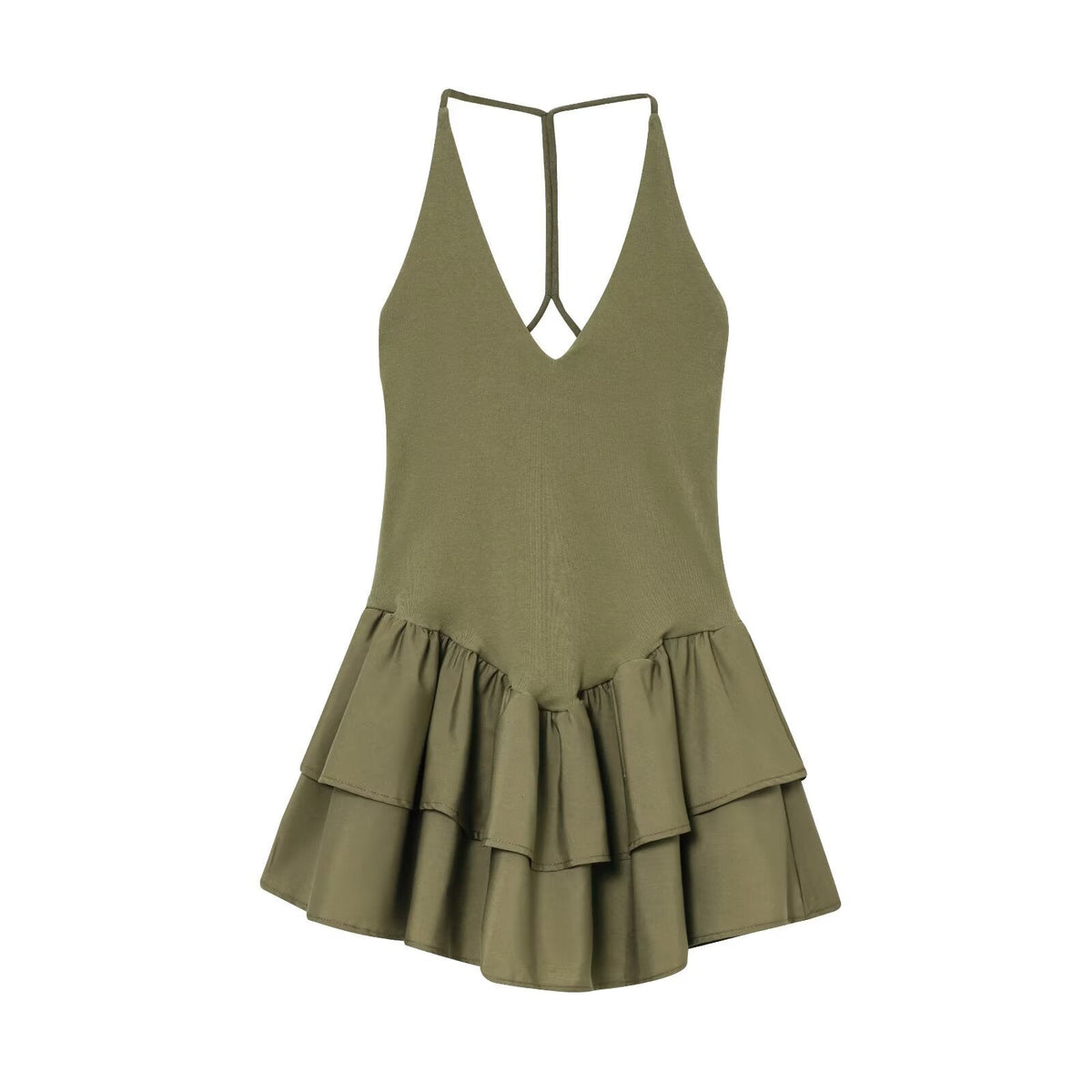 Trendy Solid Color Ruffle Hem Halter Dress