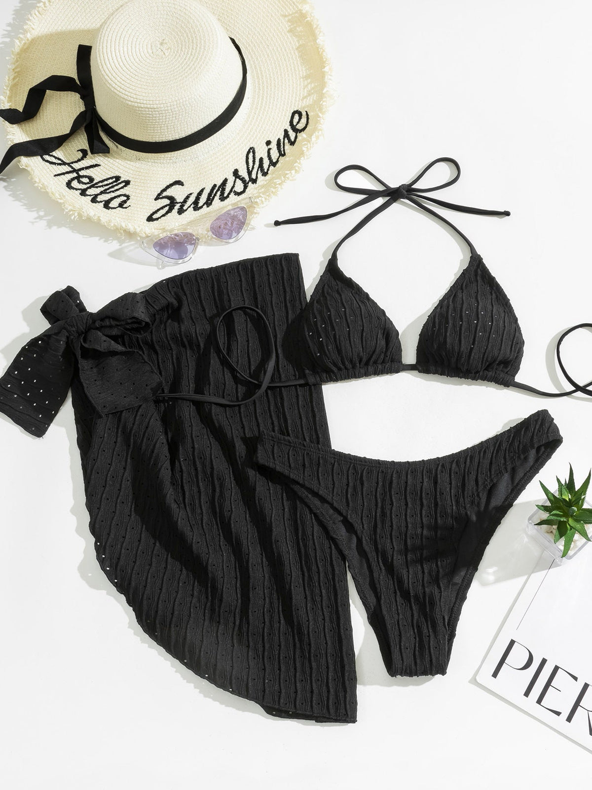 3PCS Sexy Solid Color Mesh Dress Halter Swimwear