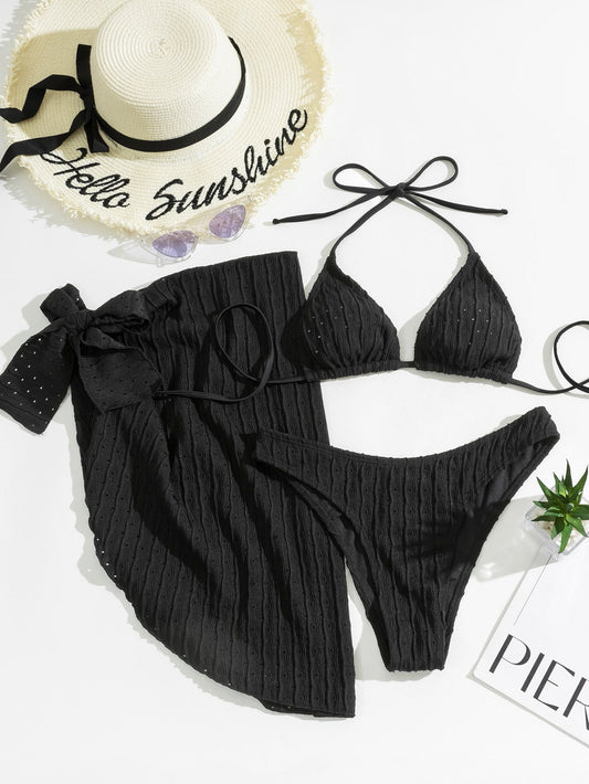 3PCS Sexy Solid Color Mesh Dress Halter Swimwear