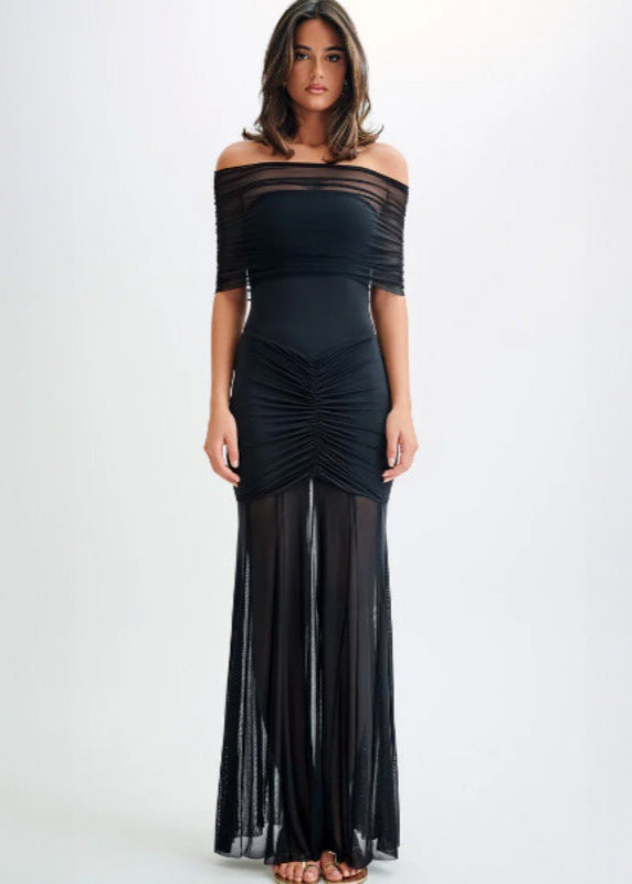 Sheer Mesh Off Shoulder Gown With Ruched Detailing