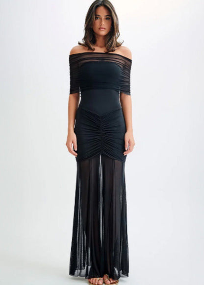 Sheer Mesh Off Shoulder Gown With Ruched Detailing