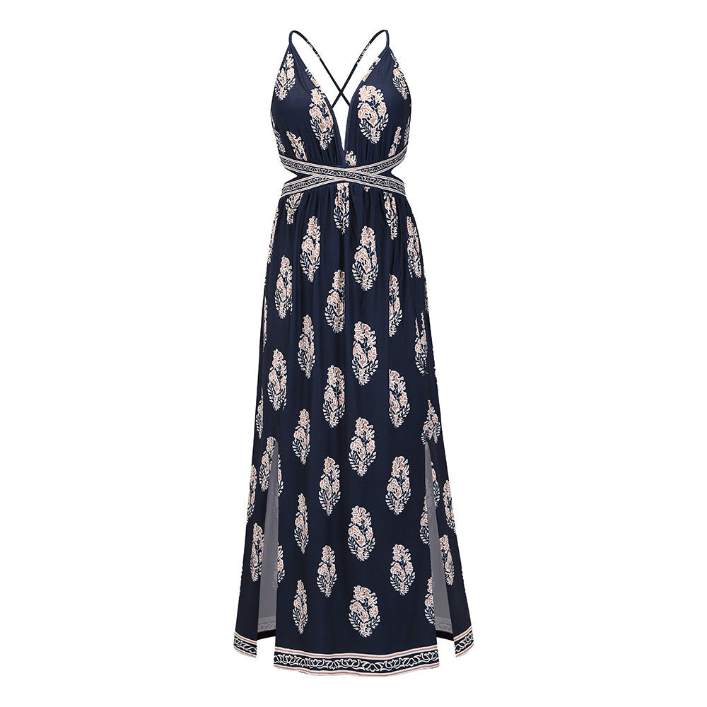Sexy Vintage Print Slit Backless Lace-Up Dress Bohemian Beach Maxi Summer