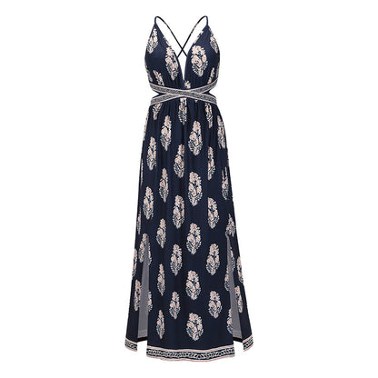 Sexy Vintage Print Slit Backless Lace-Up Dress Bohemian Beach Maxi Summer