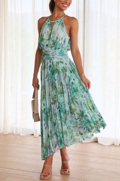 Summer Women'S Neck Hanging Sleeveless V-Neck Printed Large Swing Long Dress Dress
