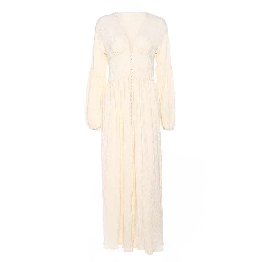 New French Retro V-Neck Long Skirt Waist Pleated Loose Temperament Long-Sleeved Autumn Dress