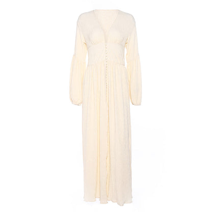 New French Retro V-Neck Long Skirt Waist Pleated Loose Temperament Long-Sleeved Autumn Dress