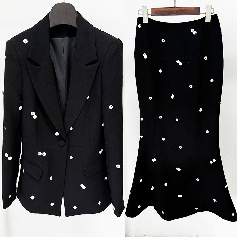 New Color-Blocked Sequined Blazer And Mermaid Skirt Set