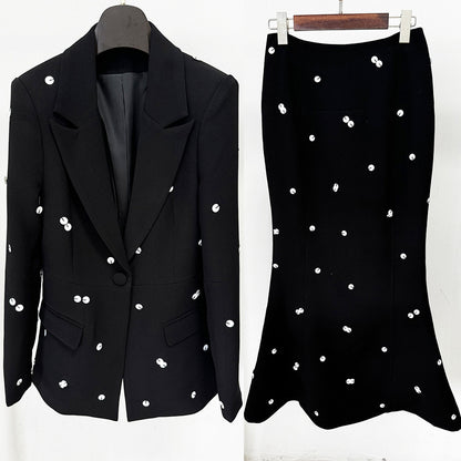 New Color-Blocked Sequined Blazer And Mermaid Skirt Set